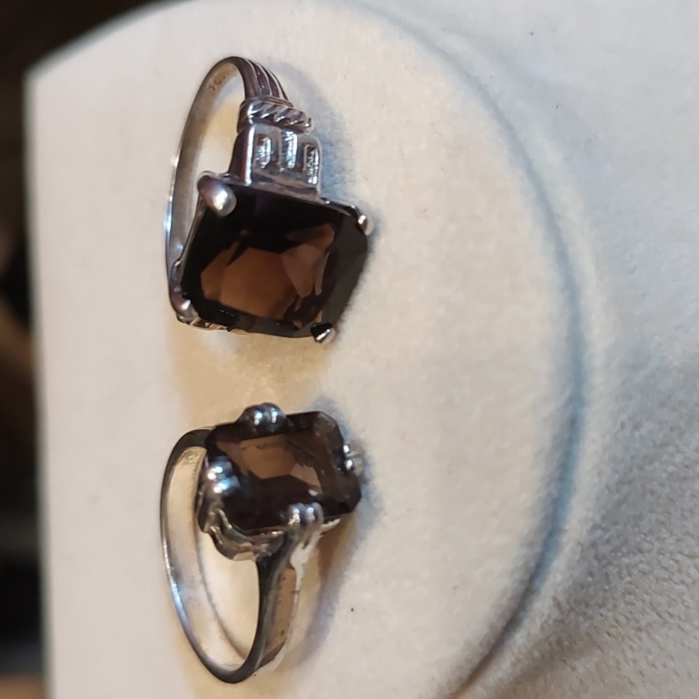 Vintage Set Of Two Smoky Quartz Cushion Cut Rings Silver Plated